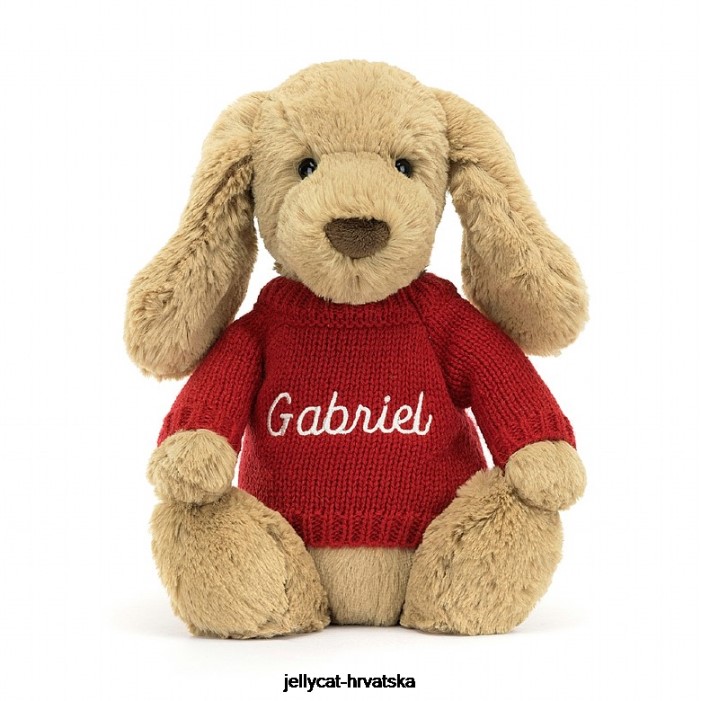 Jellycat sramežljivo štene karamele s personaliziranim crvenim džemperom bež boje 158 igračka