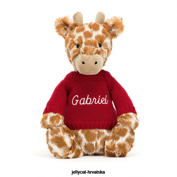 Jellycat stidljiva žirafa s personaliziranim crvenim narančastim džemperom 224 igračka