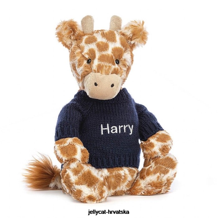 Jellycat stidljiva žirafa s personaliziranim tamnoplavim narančastim džemperom 283 igračka