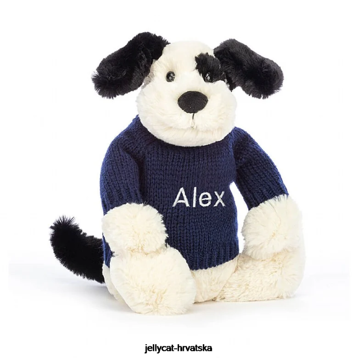 Jellycat stidljivo crno-krem štene s personaliziranim crno-bijelim džemperom tamnoplave boje 282 igračka